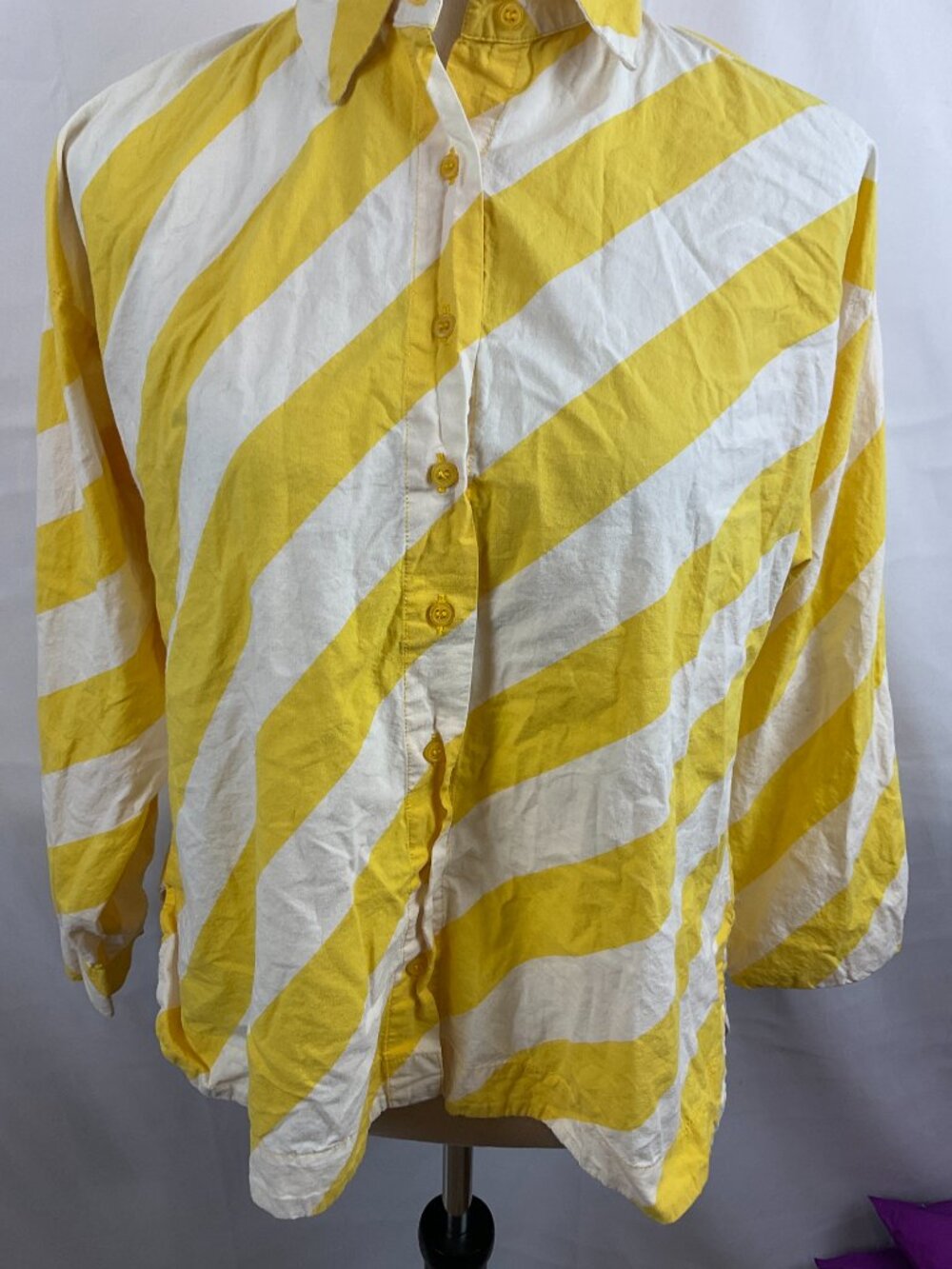 Compania Fantastica Blouse US S White Yellow Stripe Button Front Long Sleeve - Picture 4 of 9